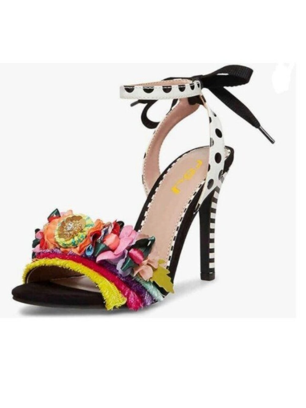 FSJ Black Floral High Heel Ankle Strap Open Toe Polka Dot Lace up Sandal
